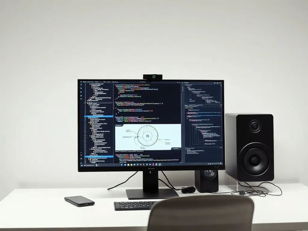 A clean technical workspace with a high-end monitor displayi